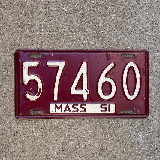 Photo of a 1951 Massachusetts License Plate Auto Tag Garage Decor Vintage 57460 with original patina