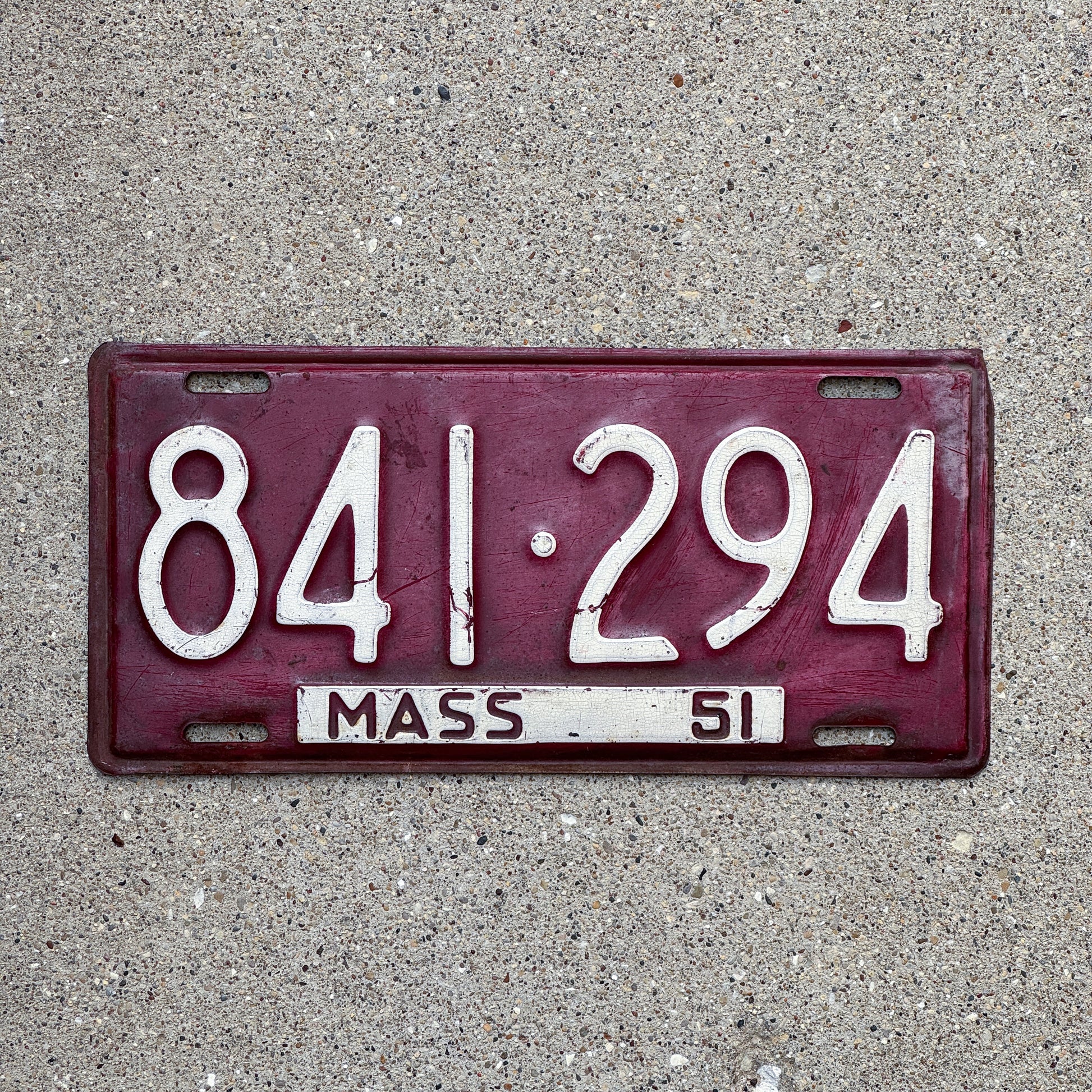 Photo of a 1951 Massachusetts License Plate Auto Tag Garage Decor Vintage 841 294 with original patina
