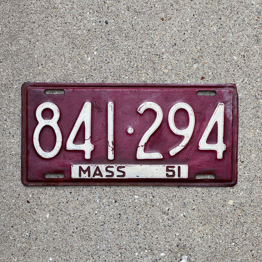Photo of a 1951 Massachusetts License Plate Auto Tag Garage Decor Vintage 841 294 with original patina