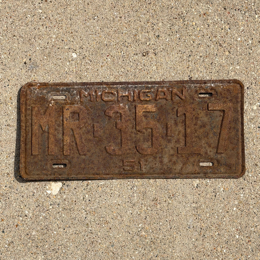Photo of a 1951 Michigan License Plate Auto Tag Garage Decor Vintage MR 35 17 with original patina