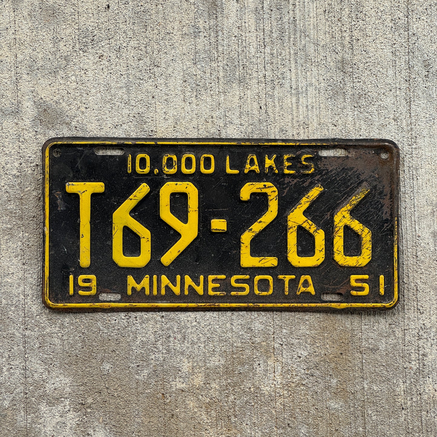 Photo of a 1951 Minnesota Farm Truck License Plate Auto Tag Garage Decor Vintage T69 266 with original patina