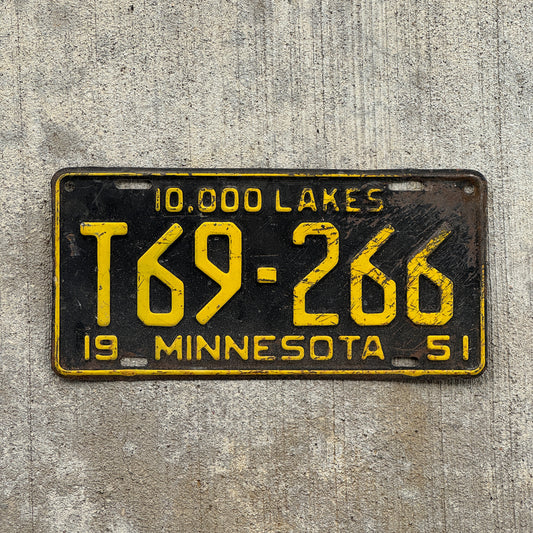 Photo of a 1951 Minnesota Farm Truck License Plate Auto Tag Garage Decor Vintage T69 266 with original patina