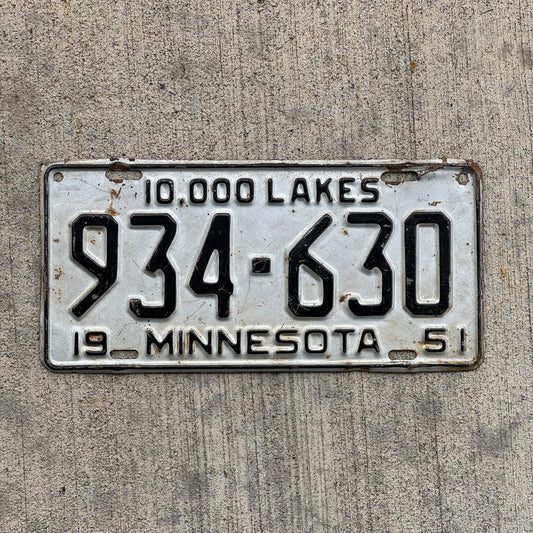 Photo of a 1951 Minnesota License Plate Auto Tag Garage Decor Vintage 934 630 with original patina