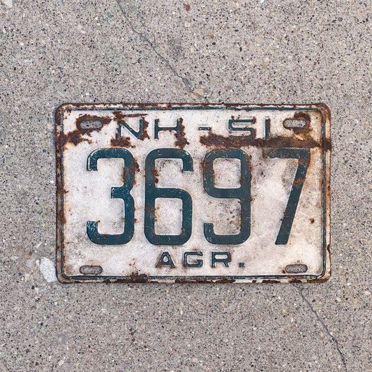 Photo of a 1951 New Hampshire Agricultural License Plate Auto Tag Garage Decor Vintage 3697 with original patina