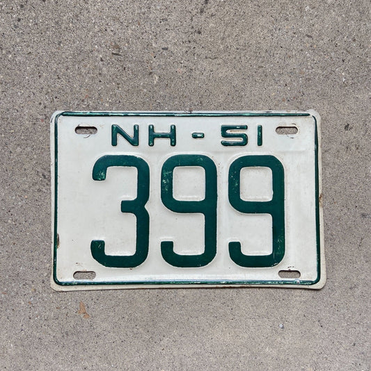 Photo of a 1951 New Hampshire License Plate Auto Tag Garage Decor Vintage Low Number Three Digit 399 with original patina