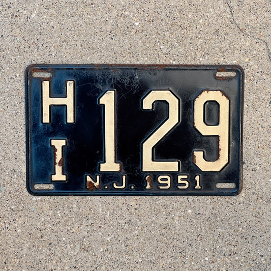 Photo of a 1951 New Jersey License Plate Auto Tag Garage Decor Vintage HI 129 with original patina