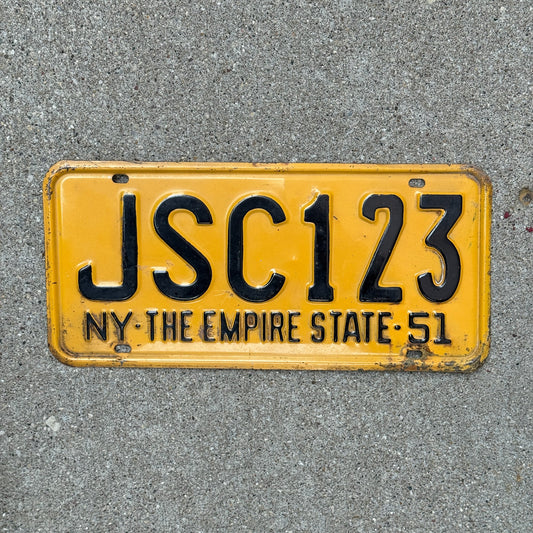 Photo of a 1951 New York Supreme Court Justice License Plate Auto Tag Garage Decor Vintage Judge JSC 123 with original patina