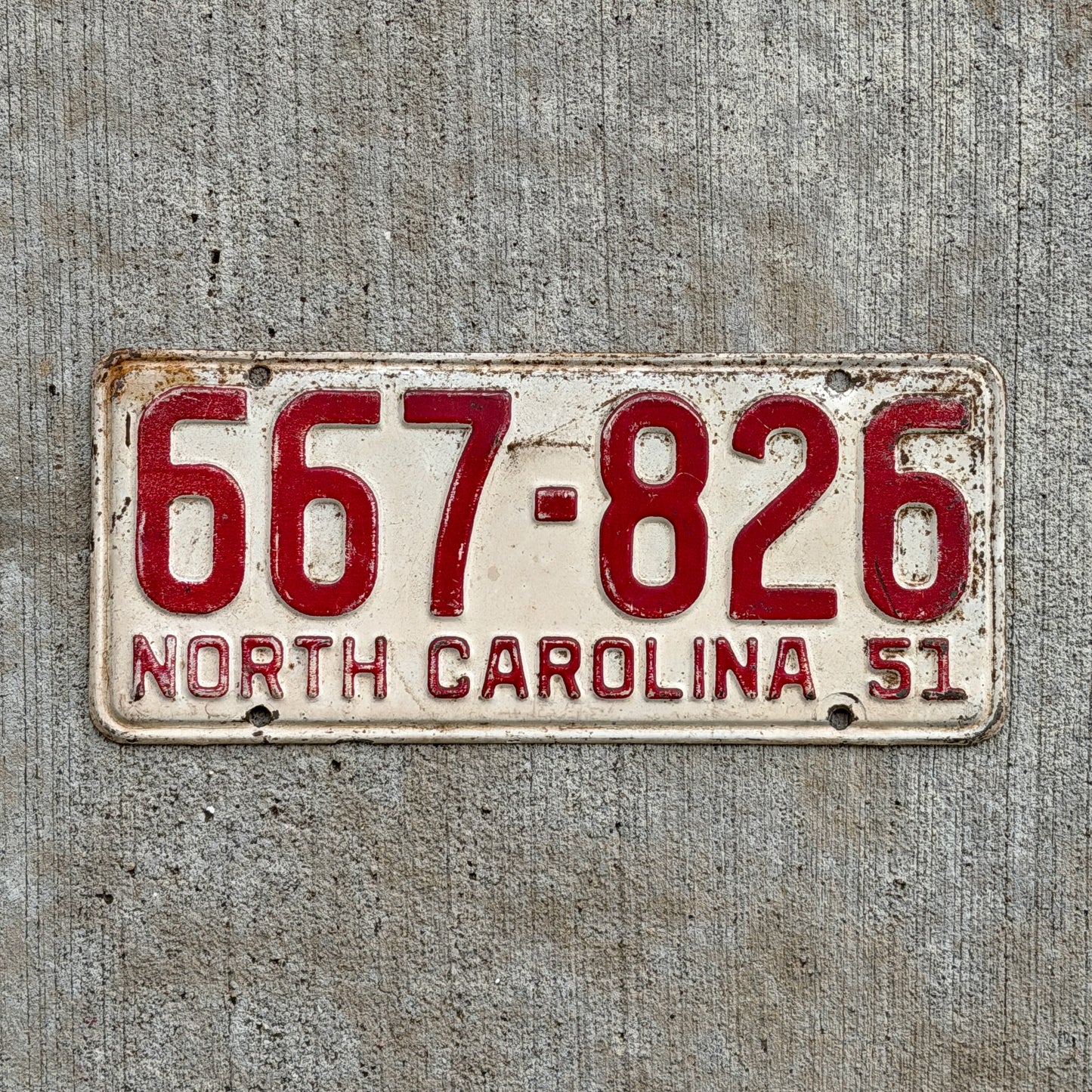 Photo of a 1951 North Carolina License Plate Auto Tag Garage Decor Vintage 667 826 with original patina