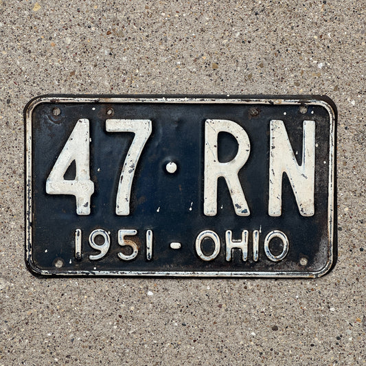 Photo of a 1951 Ohio License Plate Auto Tag Garage Decor Vintage Nurse Gift 47 RN with original patina