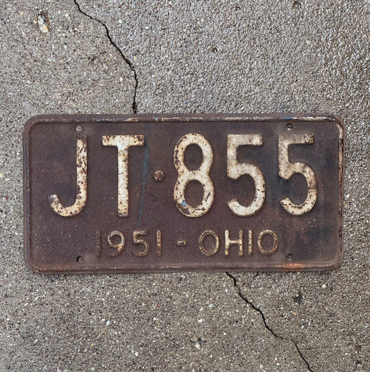 Photo of a 1951 Ohio License Plate Auto Tag Garage Decor Vintage Rusty Rustic JT 855