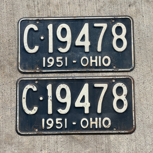 Photo of a 1951 Ohio License Plate Pair Auto Tag Garage Decor Vintage C 19478 with original patina