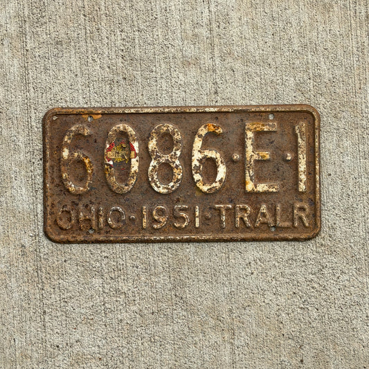 Photo of a 1951 Ohio Trailer License Plate Auto Tag Garage Decor Vintage 6086 E 1 with original patina