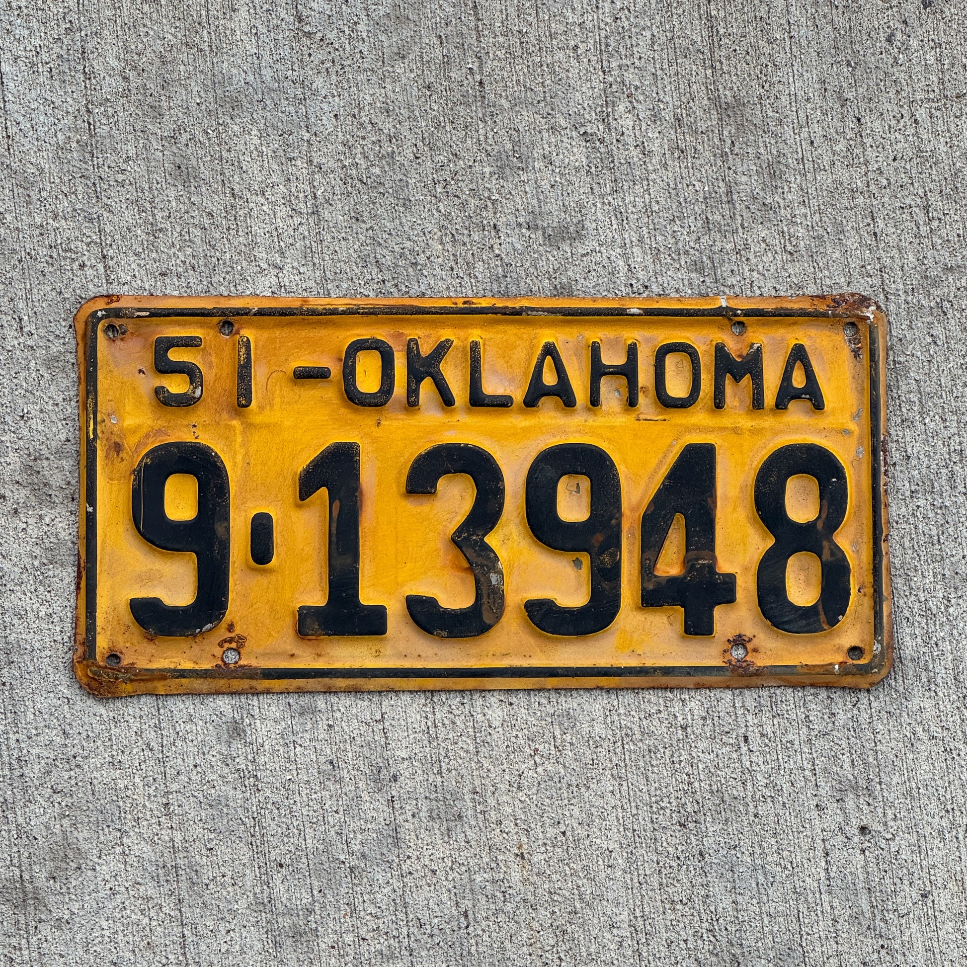 Photo of a 1951 Oklahoma License Plate Auto Tag Garage Decor Vintage 9 13948 with original patina