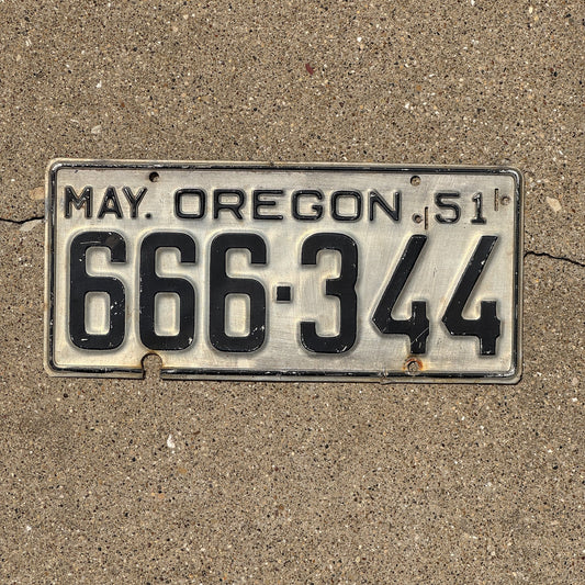 Photo of a 1951 Oregon License Plate Auto Tag Garage Decor Vintage Devil Evil Repeat 666 344