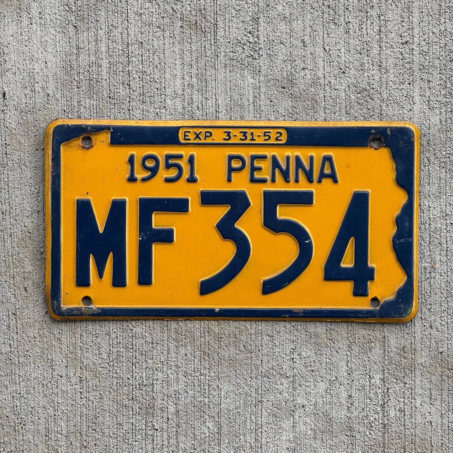 Photo of a 1951 Pennsylvania License Plate Auto Tag Garage Decor Vintage MF 354 with original patina