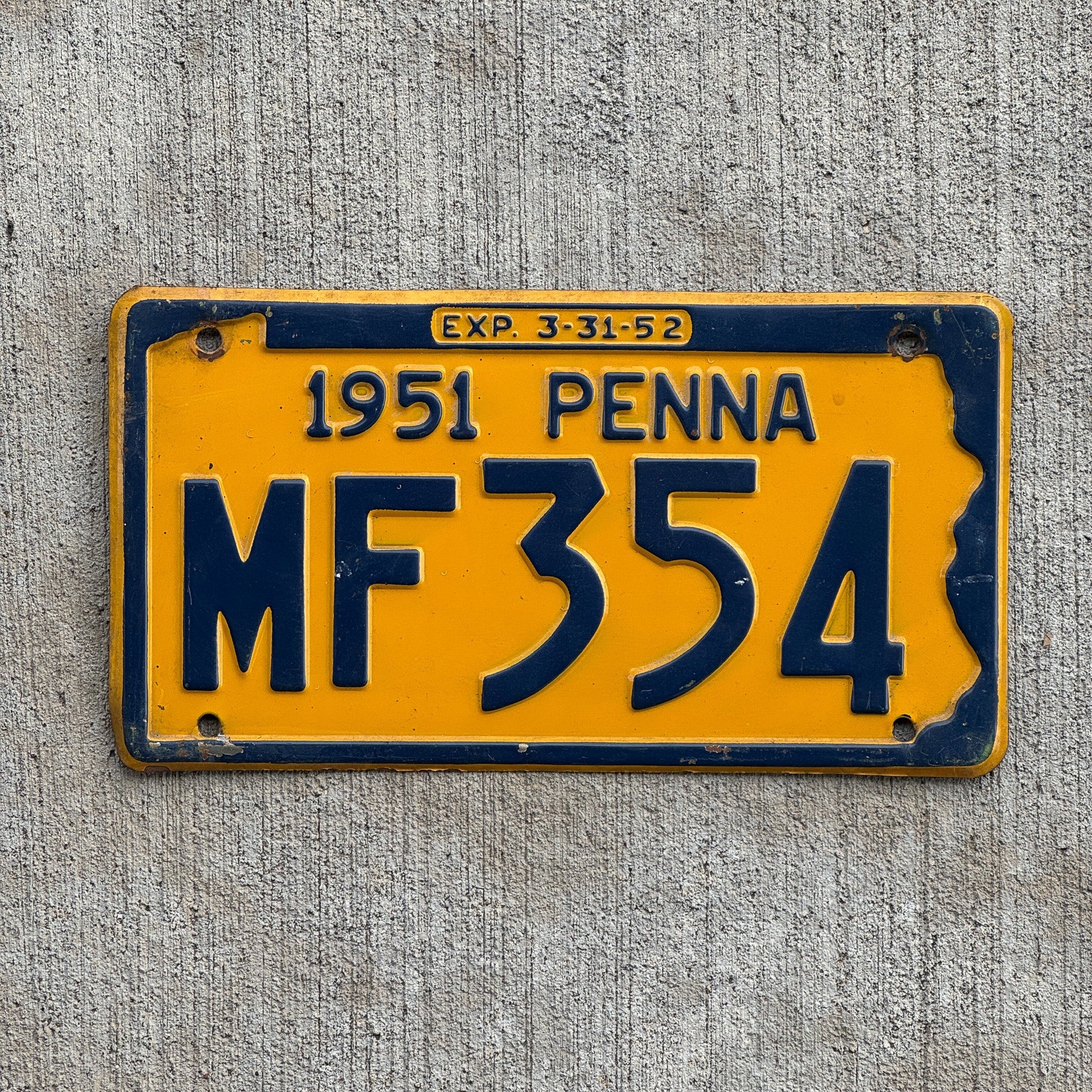 Photo of a 1951 Pennsylvania License Plate Auto Tag Garage Decor Vintage MF 354 with original patina