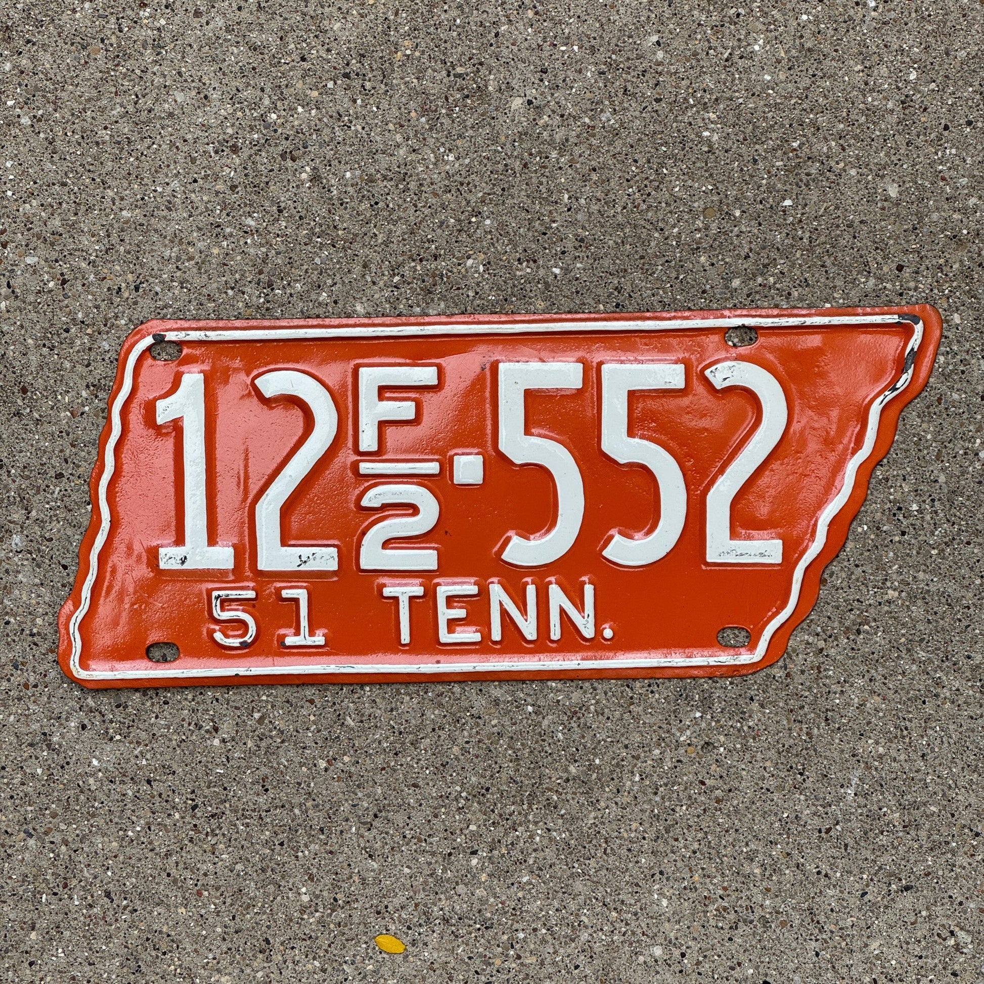 Photo of a 1951 Tennessee Farm License Plate Auto Tag Garage Decor Vintage State Shape Vols Colors 12 F2 552