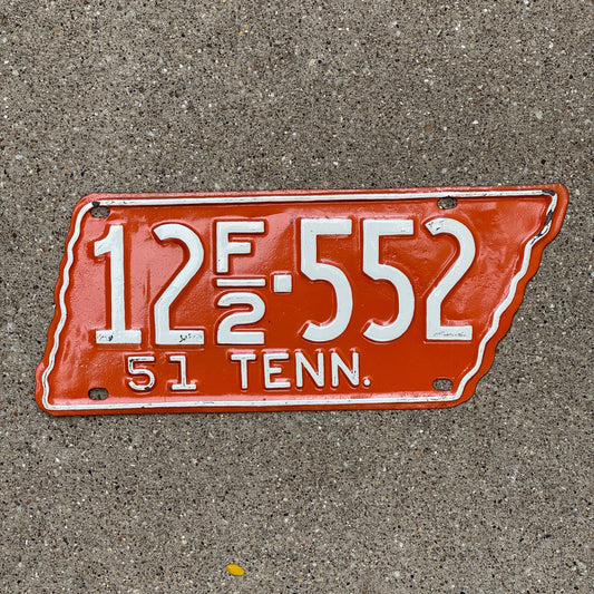Photo of a 1951 Tennessee Farm License Plate Auto Tag Garage Decor Vintage State Shape Vols Colors 12 F2 552