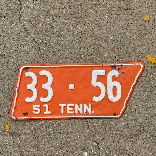 Photo of a 1951 Tennessee License Plate Auto Tag Garage Decor Vintage State Shape Vols Colors 33 56