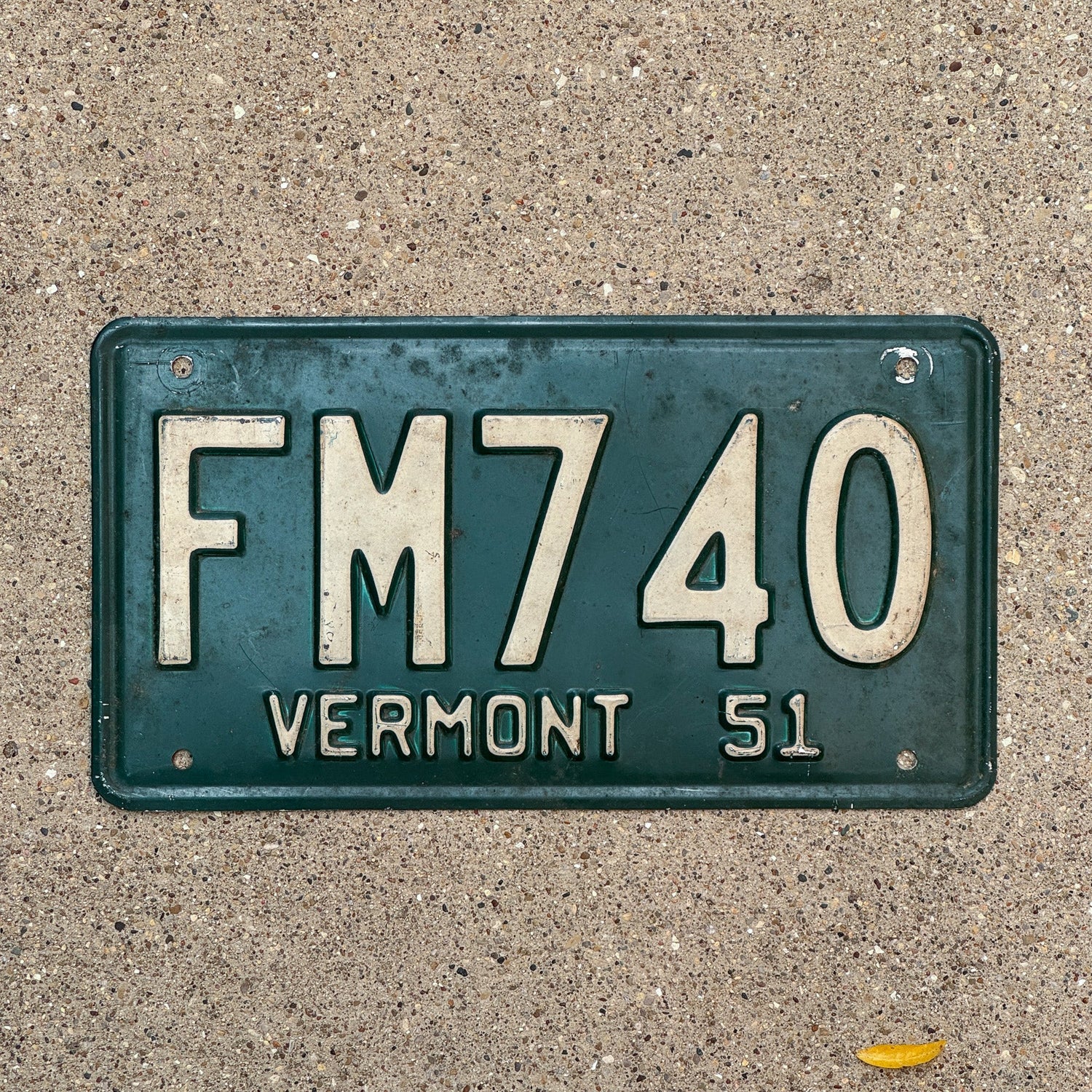 Photo of a 1951 Vermont License Plate Auto Tag Garage Decor Vintage FM 740 with original patina