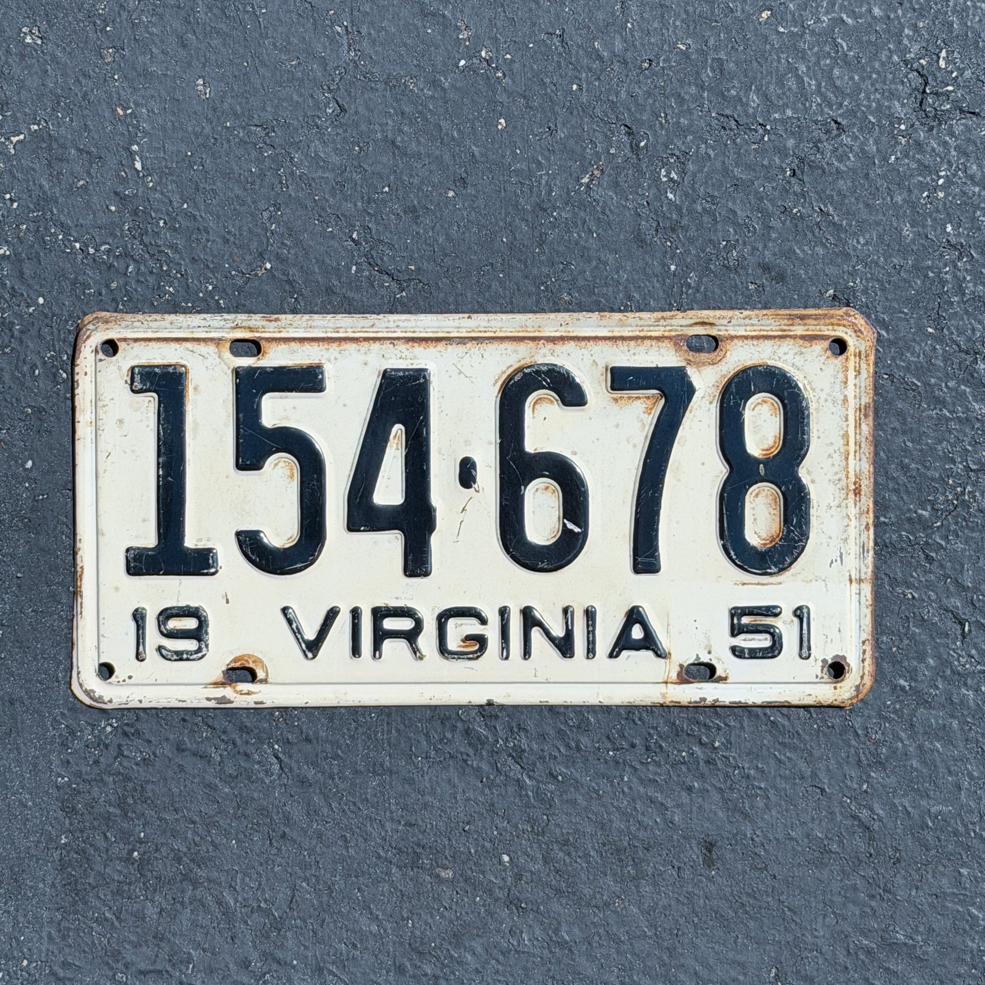Photo of a 1951 Virginia License Plate Auto Tag Garage Decor Vintage 154 678 with original patina