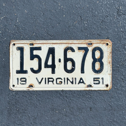 Photo of a 1951 Virginia License Plate Auto Tag Garage Decor Vintage 154 678 with original patina
