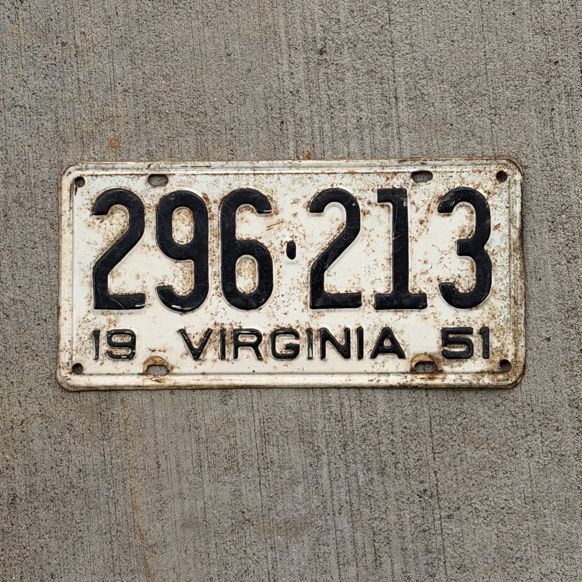 Photo of a 1951 Virginia License Plate Auto Tag Garage Decor Vintage 296 213 with original patina