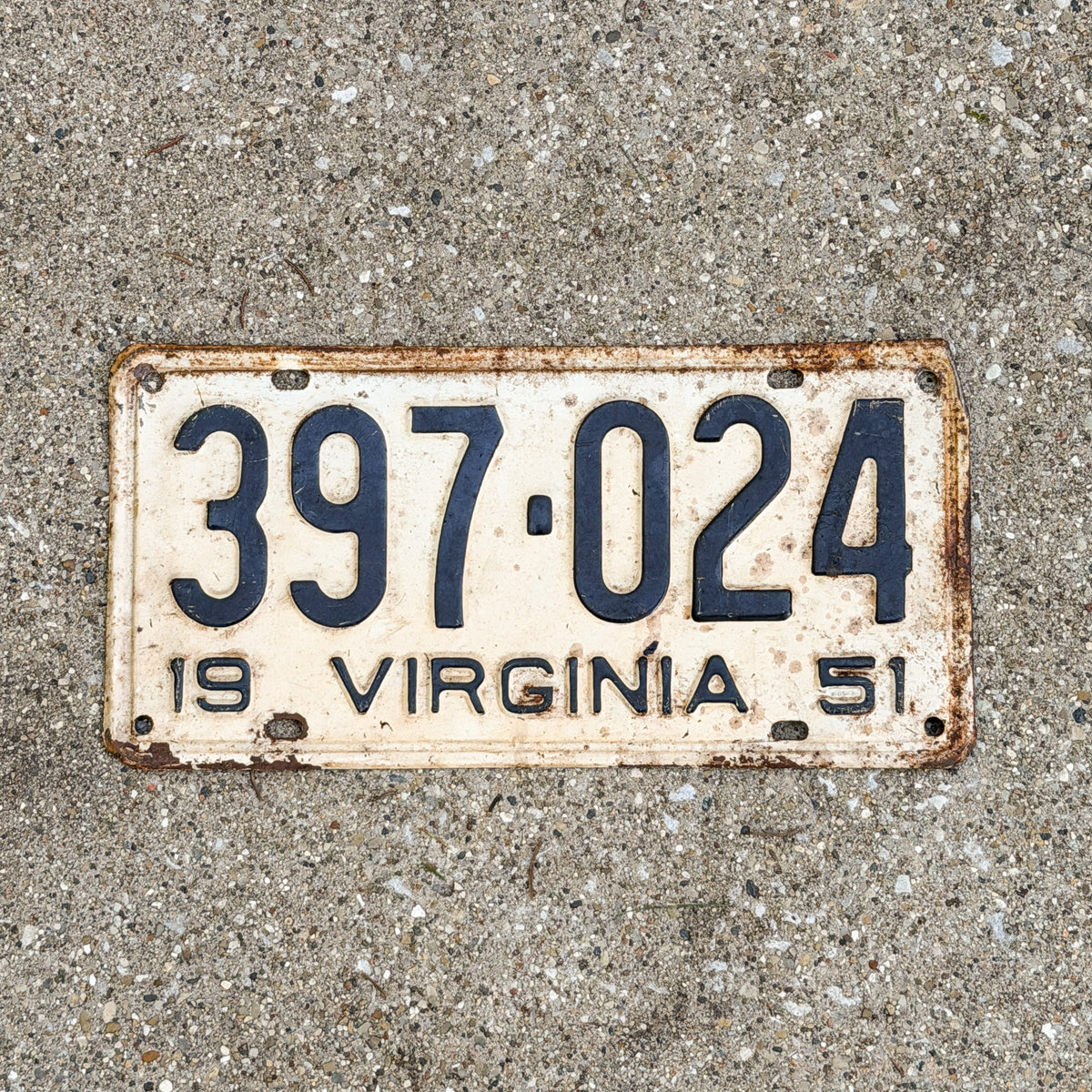 Photo of a 1951 Virginia License Plate Auto Tag Garage Decor Vintage 397 024 with original patina