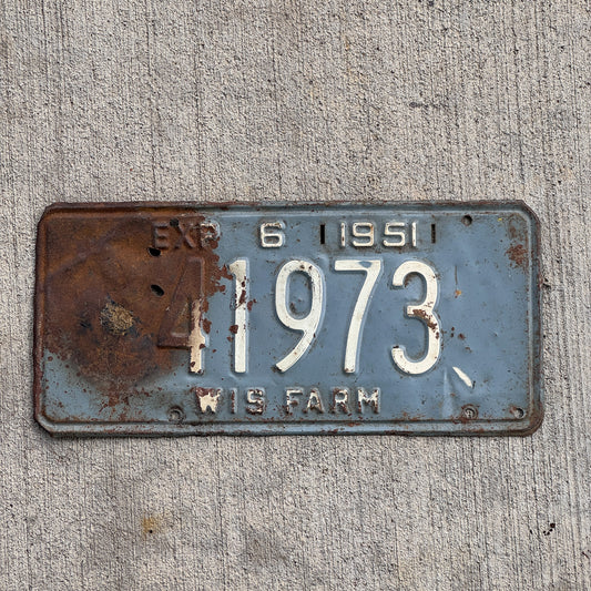 Photo of a 1951 Wisconsin Farm License Plate Auto Tag Garage Decor Vintage 41973 with original patina