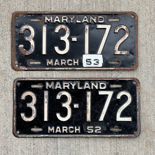 Photo of a 1952 1953 Maryland License Plate Pair Auto Tag Garage Decor Vintage 313 172 with original patina