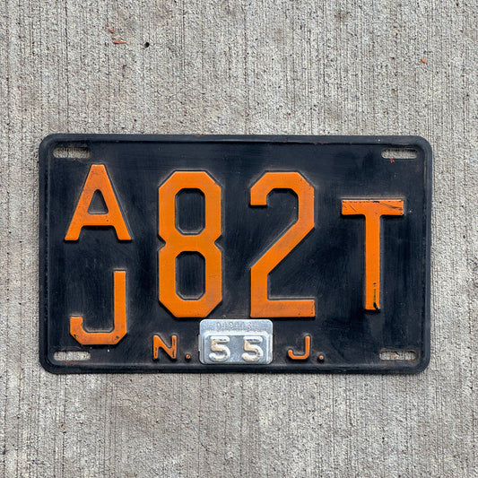 Photo of a 1952 1955 New Jersey License Plate Auto Tag Garage Decor Vintage AJ 82T with original patina
