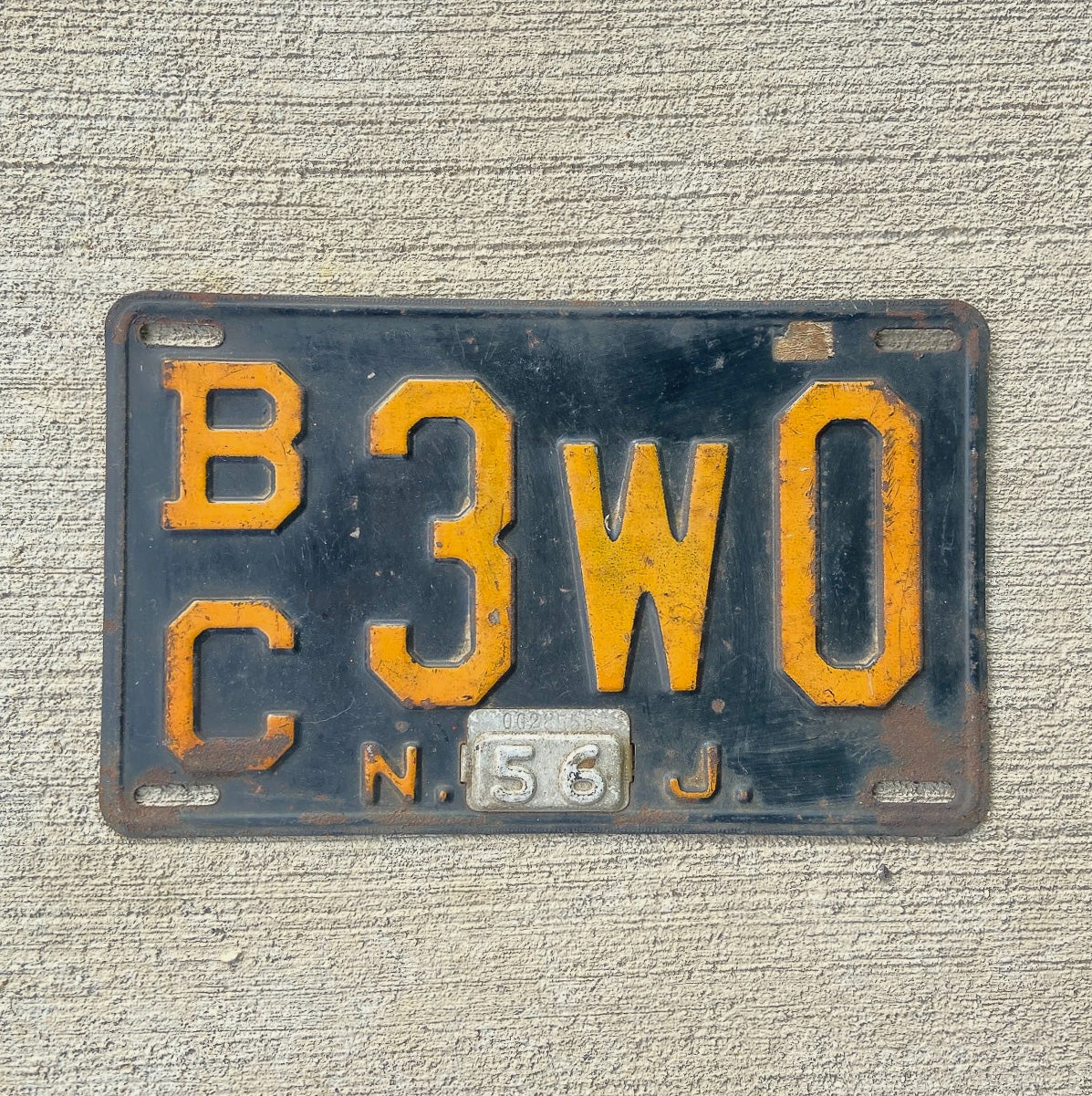 Photo of a 1952 1956 New Jersey License Plate Auto Tag Garage Decor Vintage BC 3W0 with original patina