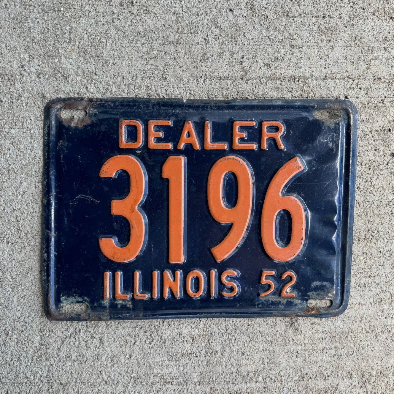 Photo of a 1952 Illinois Dealer License Plate Auto Tag Garage Decor Vintage 3196 with original patina