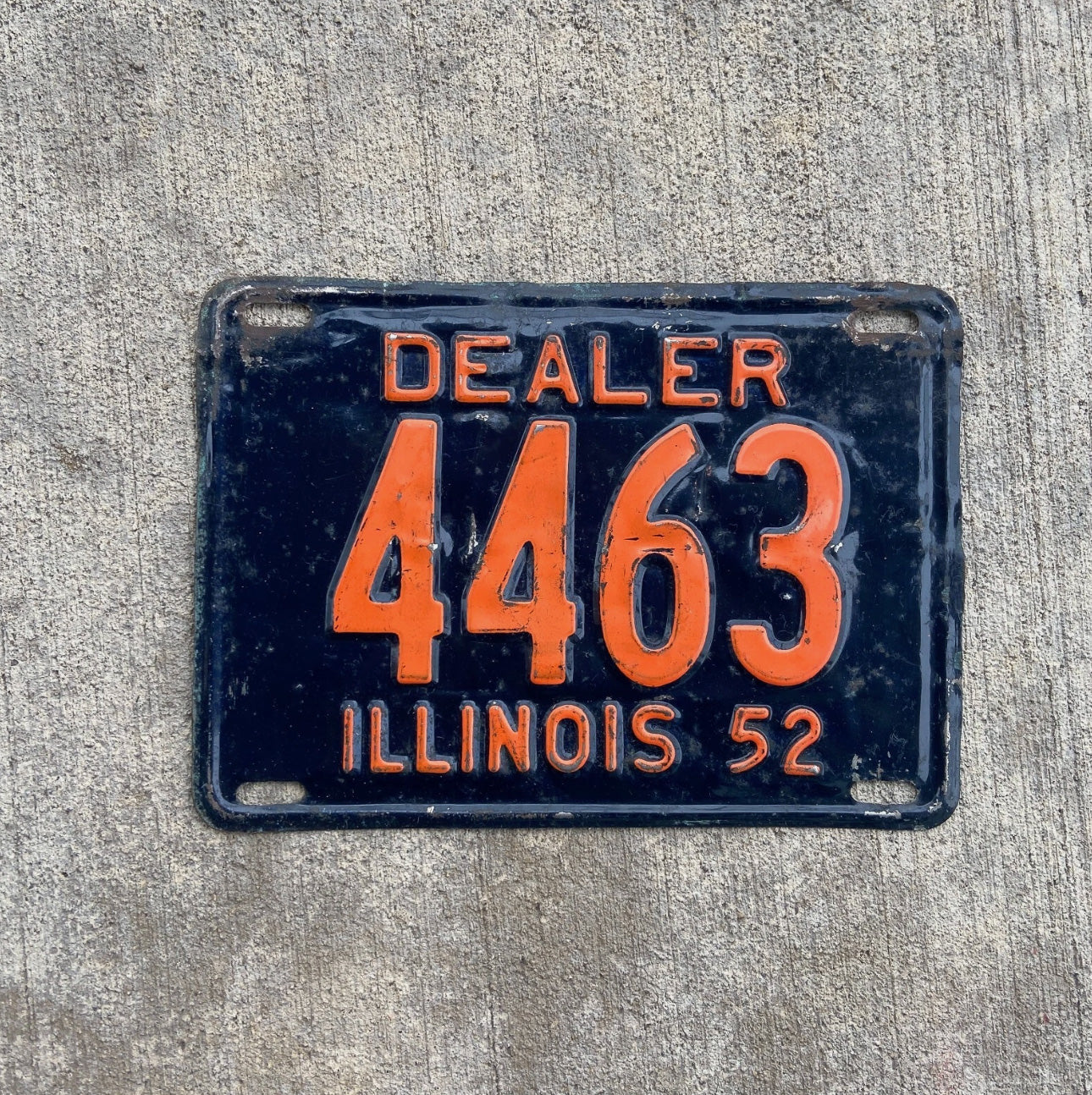 Photo of a 1952 Illinois Dealer License Plate Auto Tag Garage Decor Vintage Low Number Four Digit 4463 with original patina