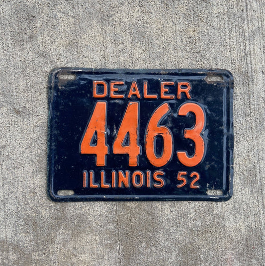 Photo of a 1952 Illinois Dealer License Plate Auto Tag Garage Decor Vintage Low Number Four Digit 4463 with original patina