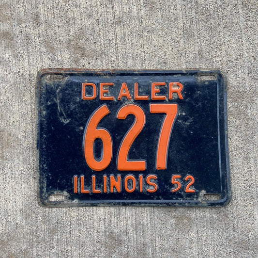 Photo of a 1952 Illinois Dealer License Plate Auto Tag Garage Decor Vintage Low Number Three Digit 627 with original patina