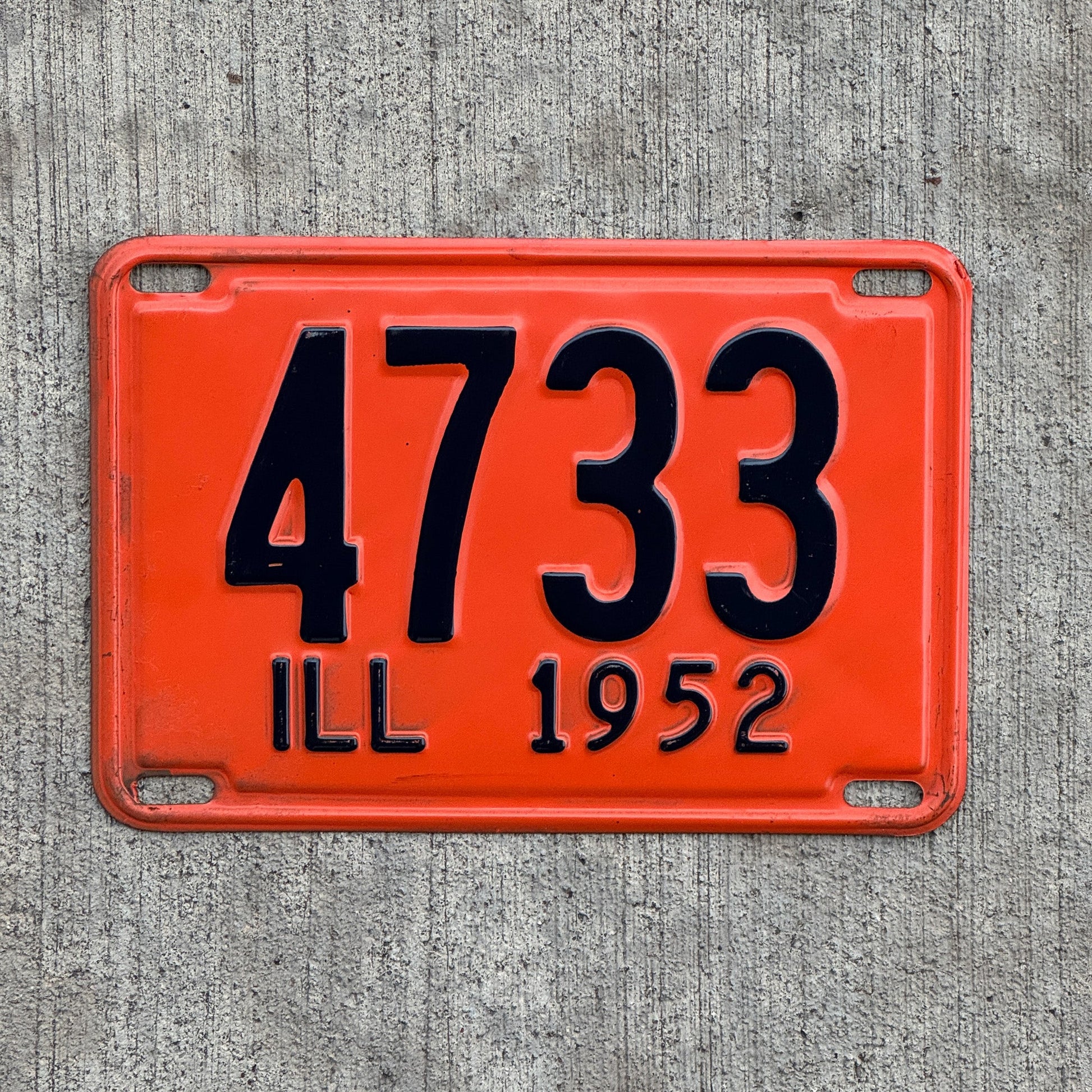 Photo of a 1952 Illinois License Plate Auto Tag Garage Decor Vintage Low Number Four Digit 4733 with original patina