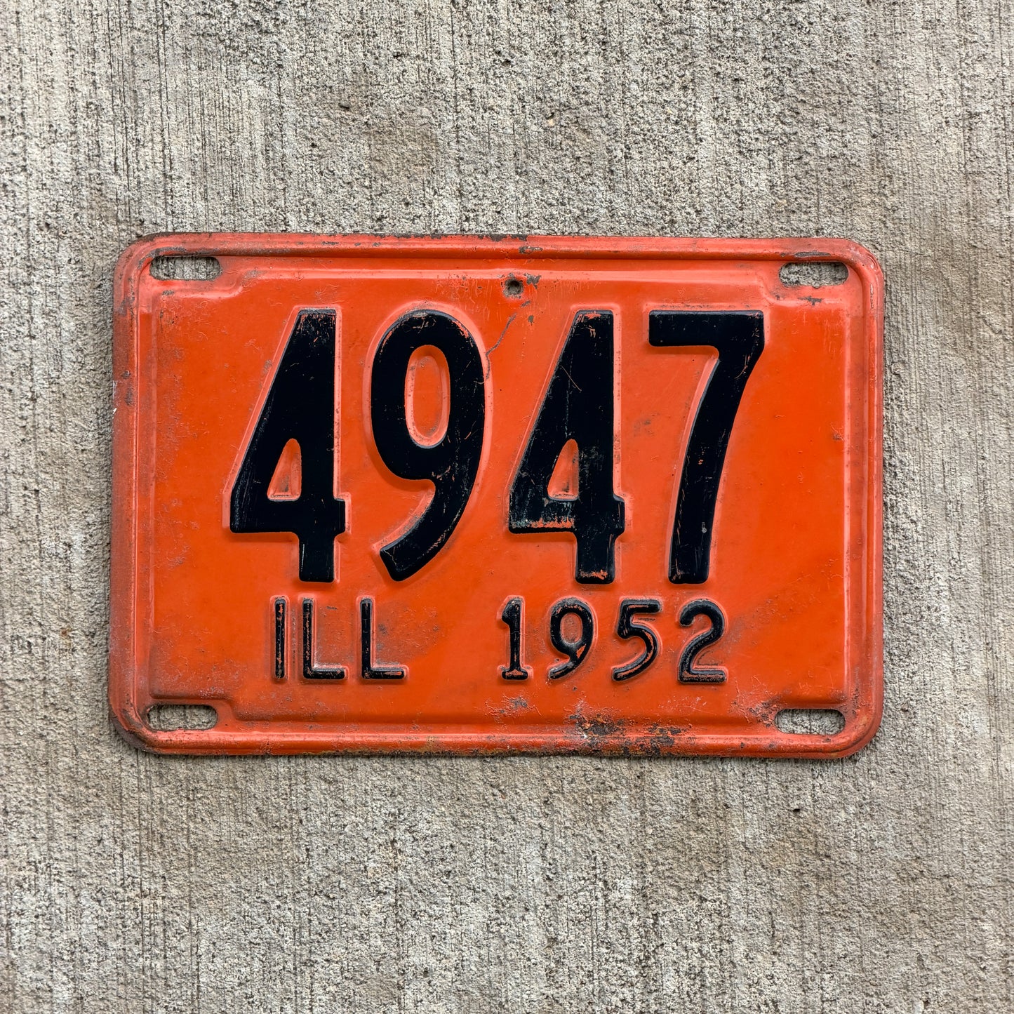 Photo of a 1952 Illinois License Plate Auto Tag Garage Decor Vintage Low Number Four Digit 4947 with original patina