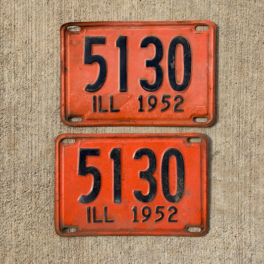 Photo of a 1952 Illinois License Plate Pair Auto Tag Garage Decor Vintage Low Number Four Digit 5130 with original patina