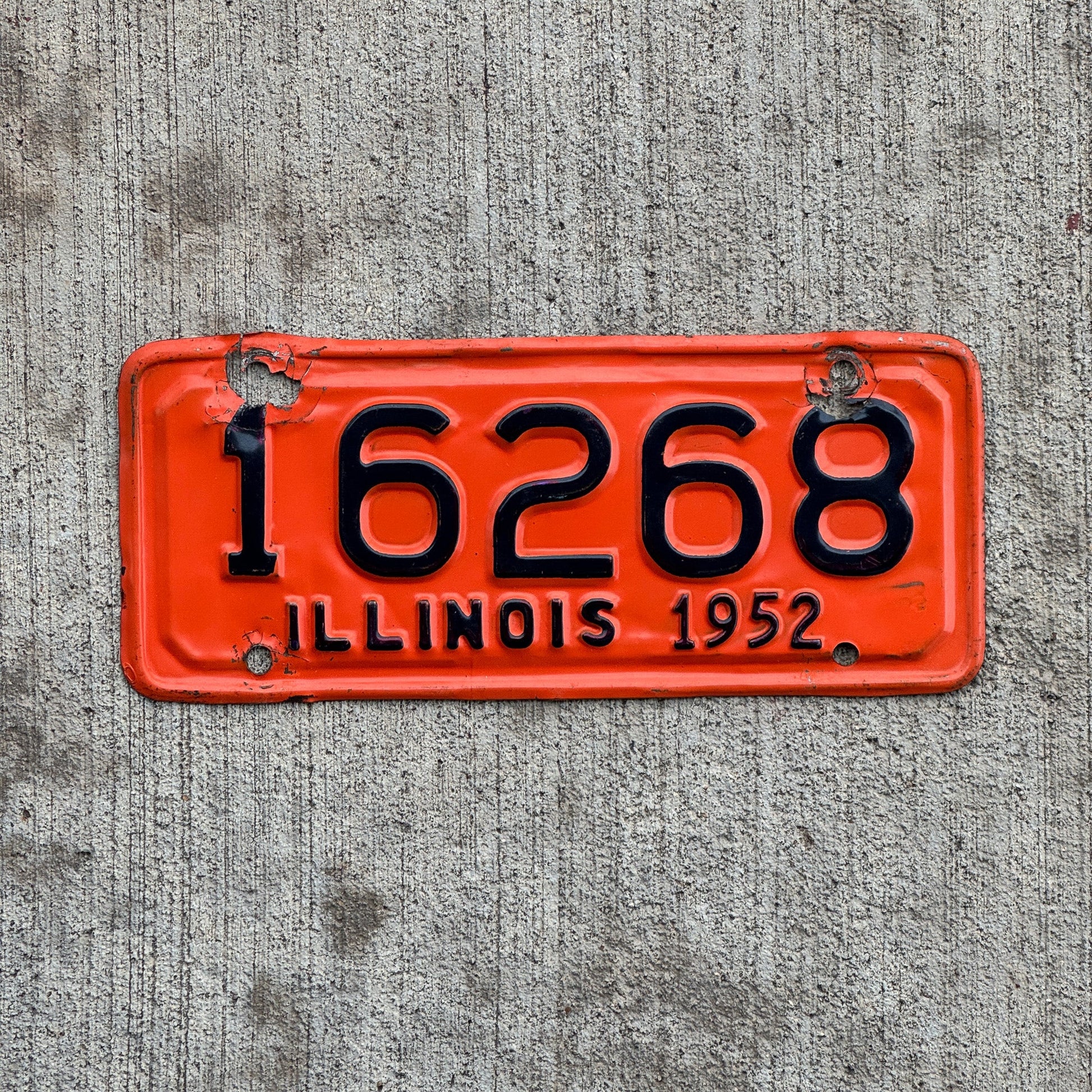 Photo of a 1952 Illinois Motorcycle License Plate Auto Tag Garage Decor Vintage 16268 with original patina