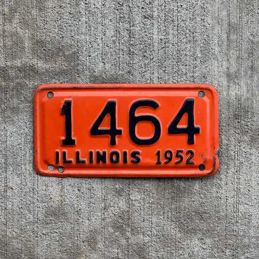 Photo of a 1952 Illinois Motorcycle License Plate Auto Tag Garage Decor Vintage Low Number Four Digit 1464 with original patina
