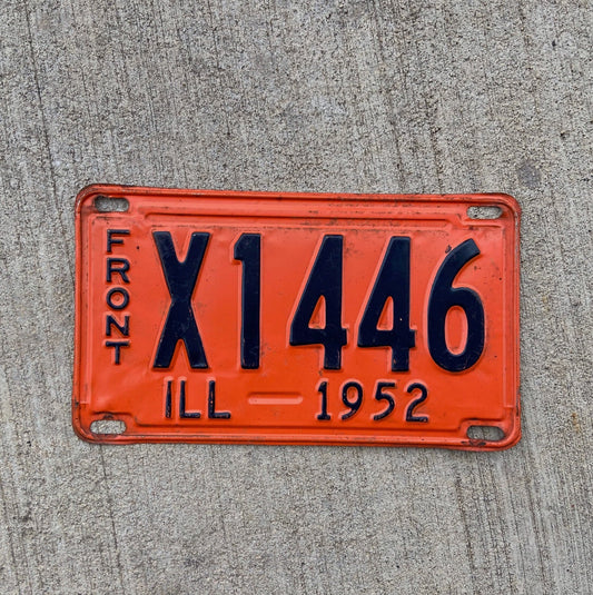 Photo of a 1952 Illinois Truck License Plate Auto Tag Garage Decor Vintage Front X 1446 with original patina