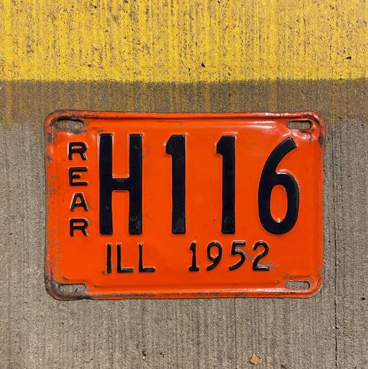Photo of a 1952 Illinois Truck License Plate Auto Tag Garage Decor Vintage Low Number Three Digit H 116 with original patina