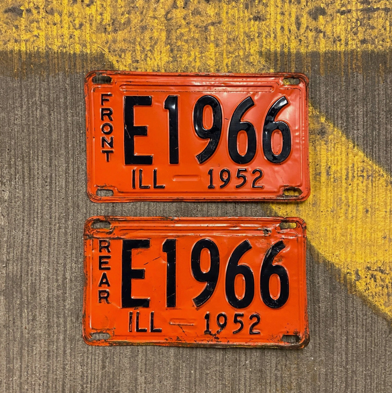 Photo of a 1952 Illinois Truck License Plate Pair Auto Tag Garage Decor Vintage Birth Year E 1966 with original patina