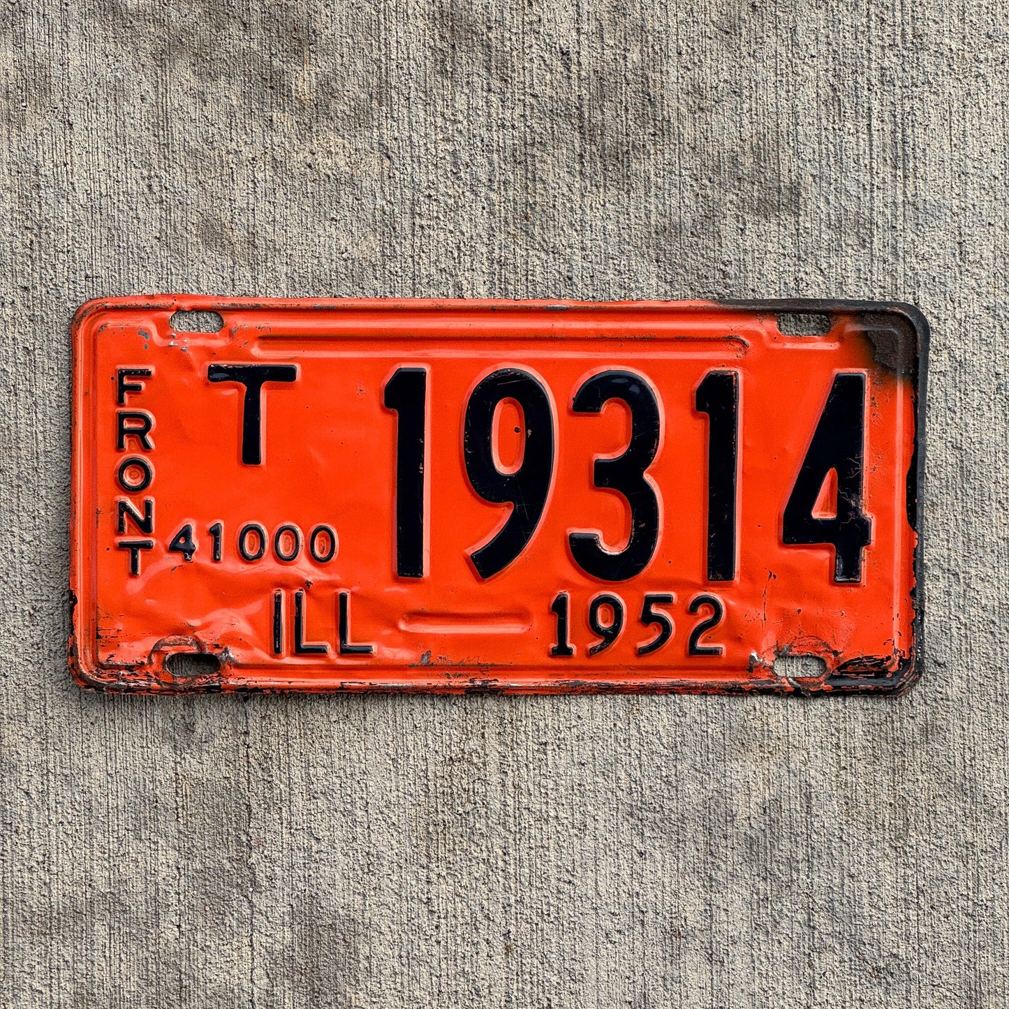 Photo of a 1952 Illinois Truck Mileage Tax License Plate Auto Tag Garage Decor Vintage 41000 LBS T 19314 with original patina