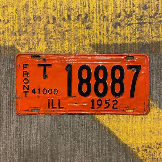 Photo of a 1952 Illinois Truck Mileage Tax License Plate Auto Tag Garage Decor Vintage 888 Repeat Repeating T 18887 with original patina