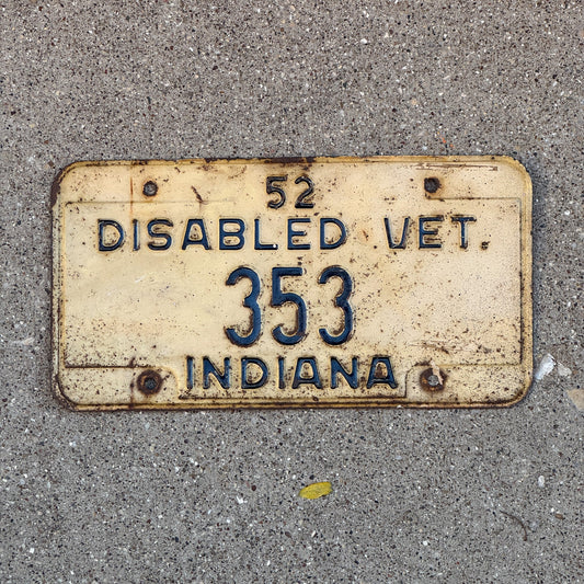 Photo of a 1952 Indiana Disabled Veteran License Plate Auto Tag Garage Decor Vintage DAV 353 with original patina