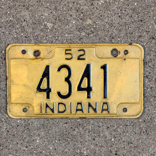 Photo of a 1952 Indiana Motorcycle License Plate Auto Tag Garage Decor Vintage Low Number Four Digit 4341 with original patina