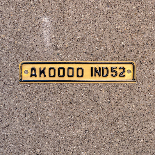 Photo of a 1952 Indiana Sample Tab License Plate Auto Tag 1 Garage Decor AK 0000 with original patina