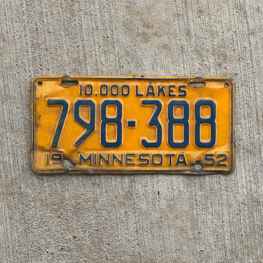 Photo of a 1952 Minnesota License Plate Auto Tag Garage Decor Vintage 798 388 with original patina